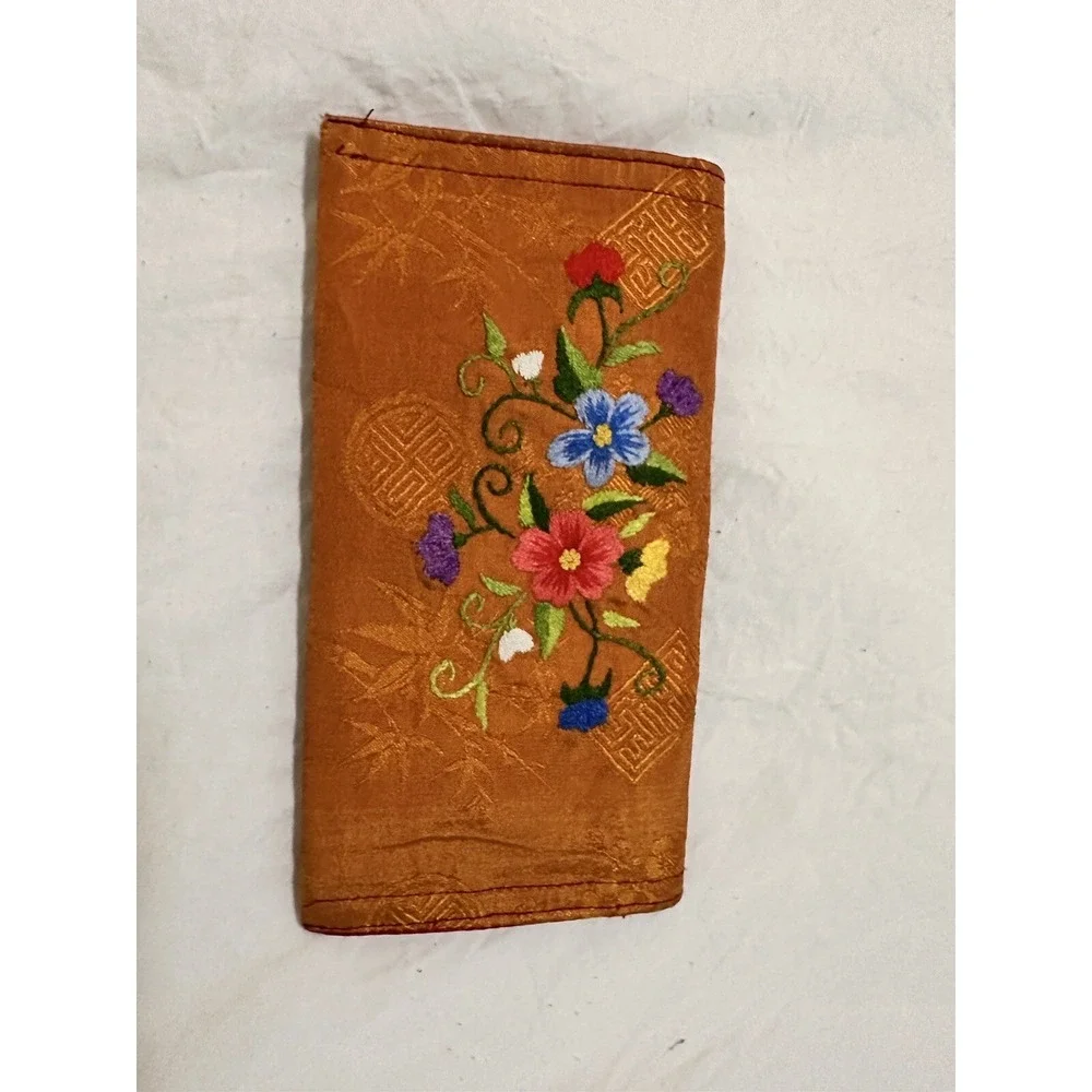 Vintage Hand Embroidered Floral Silk Clutch Bag Burnt Orange Red Satin Lining